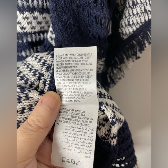 Style & Co Top Large Blue White Open Knit Kimono Topper Fringe Boho - Picture 9 of 9